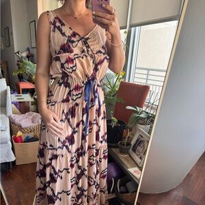 Pink Purple Beige Black Abstract Tie Waist Sleeveless Long V-Neck Maxi Dress M